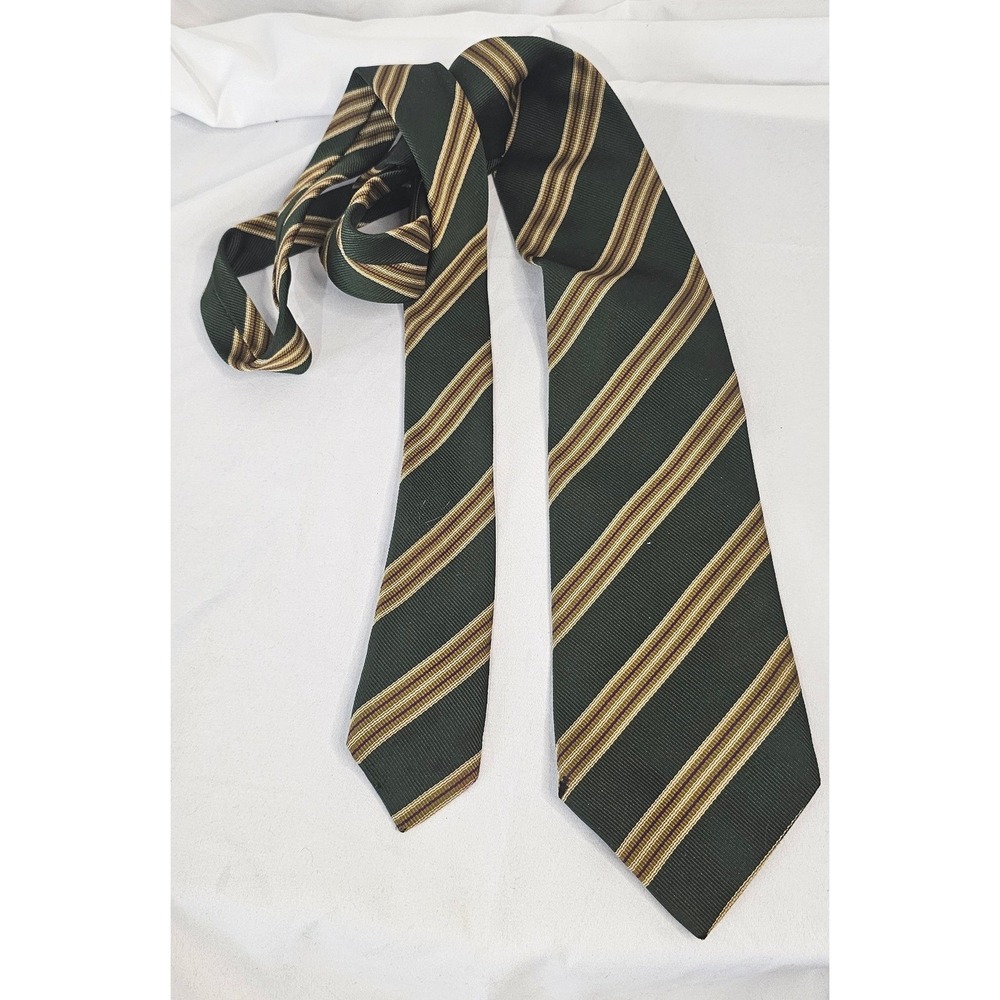 VTG Charles‎ Hill Silk Tie Handmade in England Green Gold Regimental Stripe